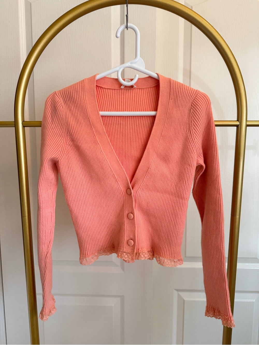 Peach Ribbed V-Neck Button Cardigan Sweater
